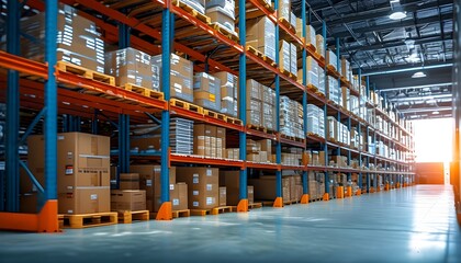 Futuristic warehouse with digital data visualization for efficient logistics and inventory management in a high-tech industrial setting