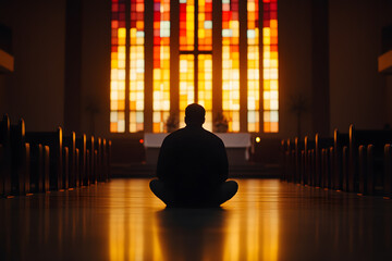 Silhouette of a Man Praying in a Church, Spiritual Reflection and Devotion