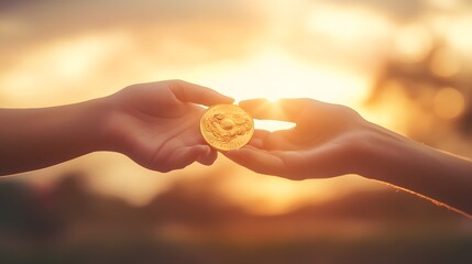 Wall Mural - Hands Clasping a Medal in Unity: Two hands clasping a medal together, symbolizing teamwork and unity, with a soft-focus background of a sunset.
