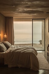 Sticker - Serene bedroom with ocean view, promoting relaxation and tranquility.