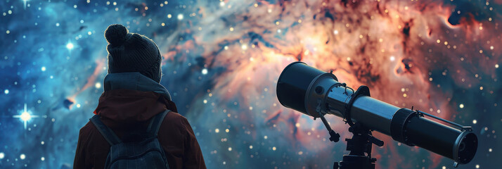Wall Mural - A professional astronomer observes the universe through a telescope under a starry night sky in a serene outdoor setting