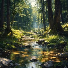 Sticker - Serene forest scene with a flowing stream and dappled sunlight.