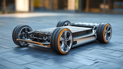 Futuristic electric vehicle chassis showcasing advanced technology and sleek design on a modern floor.