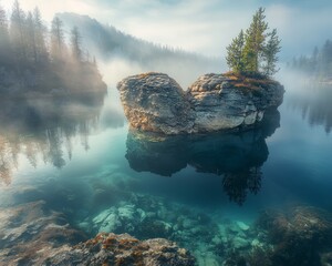 Sticker - Serene landscape featuring a rocky island and calm waters.