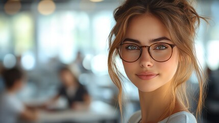 Poster - A woman with glasses is smiling at the camera