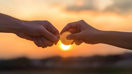 Wall Mural - Hands Clasping a Medal in Unity: Two hands clasping a medal together, symbolizing teamwork and unity, with a soft-focus background of a sunset.
