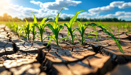 Vibrant young corn plants thriving in parched cracked soil under a bright sunny sky dotted with fluffy clouds