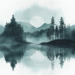 Poster - Serene landscape with mountains, trees, and a reflective lake.