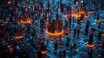 Fototapete - A cityscape with buildings and people is lit up in orange