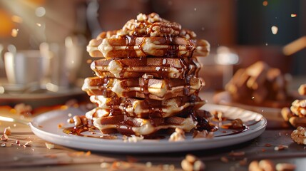 Wall Mural - A stack of waffles on a plate with nuts and sauce