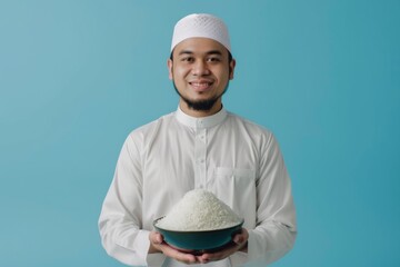 Asian muslim man holding bowl of rice for zakat fitrah isolated on blue background