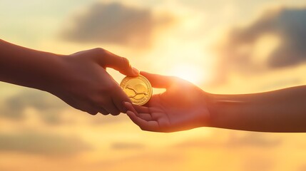 Hands Clasping a Medal in Unity: Two hands clasping a medal together, symbolizing teamwork and unity, with a soft-focus background of a sunset.
