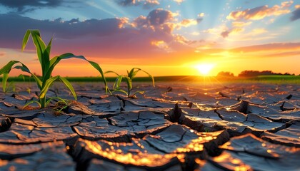 Drought-affected landscape featuring young corn plants on cracked dry soil under a stunning sunset sky