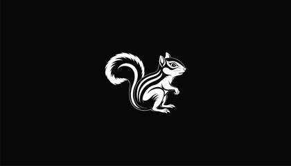 Wall Mural - Indian Palm Squirrel on Tree Branch – White Outline, Black Background