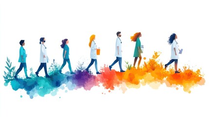 Aufkleber - A group of people are walking in a line, some of them are wearing white coats