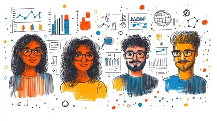 Poster - Four people with glasses and a drawing of a globe