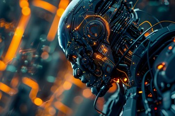 Poster - Intricate 3D render of a cybernetic character with mechanical limbs, glowing circuits, and a futuristic background, created by ai