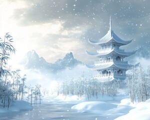 Canvas Print - Serene winter landscape featuring a traditional pagoda in snow.