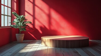 Canvas Print - Minimalist Interior with Wooden Podium and Red Wall