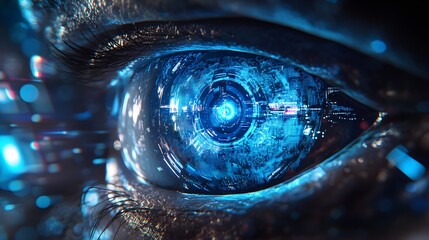 Wall Mural - futuristic human eye with glowing digital interface in neon blue