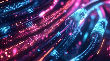Wall Mural - cross-section of glowing fiber optic cables transmitting data