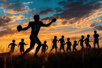 Silhouette of a football player throwing a ball at sunset.