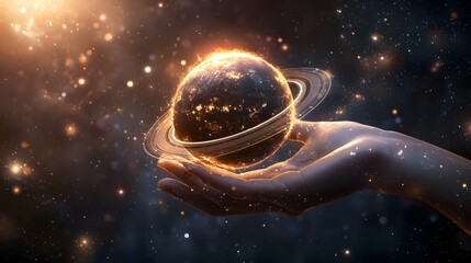 Wall Mural - hand holding a ringed planet: a hand cupping a small ringed planet, with cosmic rays and stars in th