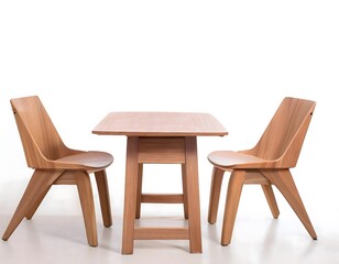 Modern wooden furniture. A minimalist wooden chair and table set isolated on a white background.