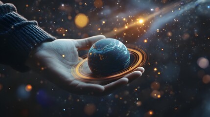 Wall Mural - hand holding a ringed planet: a hand cupping a small ringed planet, with cosmic rays and stars in th