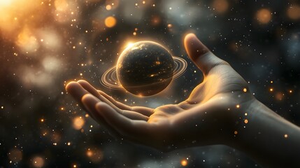 Wall Mural - hand holding a ringed planet: a hand cupping a small ringed planet, with cosmic rays and stars in th