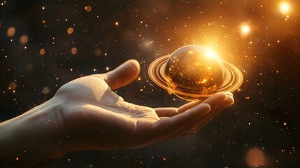 Wall Mural - hand holding a ringed planet: a hand cupping a small ringed planet, with cosmic rays and stars in th