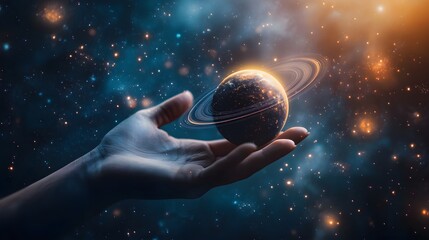 Wall Mural - hand holding a ringed planet: a hand cupping a small ringed planet, with cosmic rays and stars in th