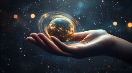 Wall Mural - hand holding a ringed planet: a hand cupping a small ringed planet, with cosmic rays and stars in th
