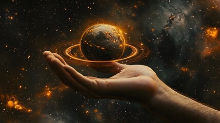 Wall Mural - hand holding a ringed planet: a hand cupping a small ringed planet, with cosmic rays and stars in th