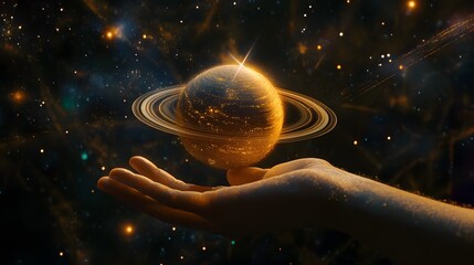 Wall Mural - hand holding a ringed planet: a hand cupping a small ringed planet, with cosmic rays and stars in th