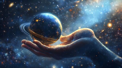 Wall Mural - hand holding a ringed planet: a hand cupping a small ringed planet, with cosmic rays and stars in th