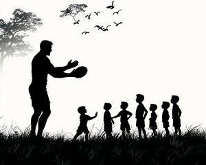 Silhouette of a rugby player teaching children to play.