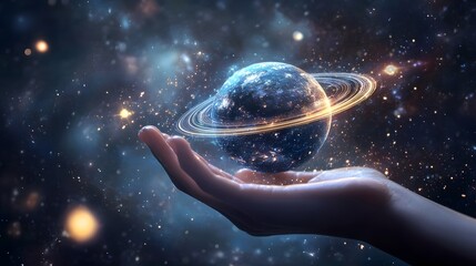 Wall Mural - hand holding a ringed planet: a hand cupping a small ringed planet, with cosmic rays and stars in th