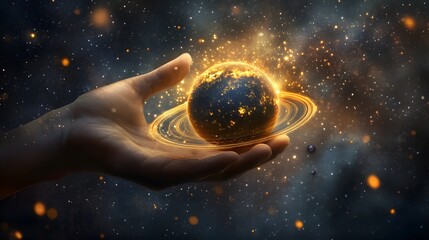 Wall Mural - hand holding a ringed planet: a hand cupping a small ringed planet, with cosmic rays and stars in th