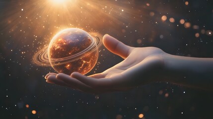 Wall Mural - hand holding a ringed planet: a hand cupping a small ringed planet, with cosmic rays and stars in th