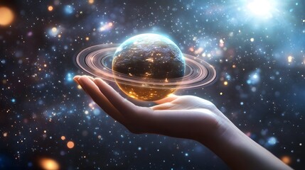 Wall Mural - hand holding a ringed planet: a hand cupping a small ringed planet, with cosmic rays and stars in th