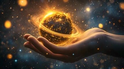 Wall Mural - hand holding a ringed planet: a hand cupping a small ringed planet, with cosmic rays and stars in th