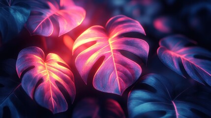 Poster - Tropical Leaves Illuminated by Neon Lights