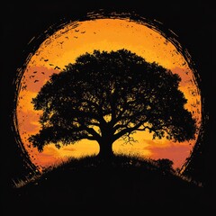 Canvas Print - Silhouette of a tree against a vibrant sunset background.