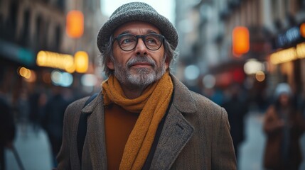 Poster - A man wearing a hat and scarf is walking down a street