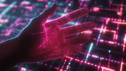 Wall Mural - hand swiping through glowing holographic technology, futuristic
