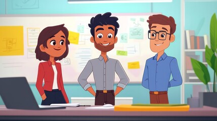 Poster - Three people are standing in front of a white board with a lot of notes on it