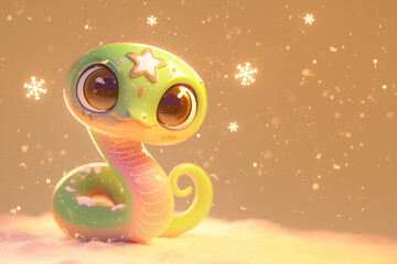 Canvas Print - A cartoon snake with a star on its head is sitting on a snowy surface. The image has a playful and whimsical mood, with the snow adding a sense of magic and wonder to the scene