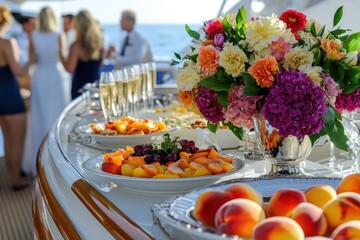 a luxury wedding party dining on a yacht.