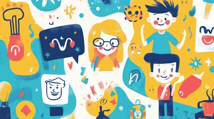 Poster - A colorful drawing of people and objects with a smiling boy in the middle